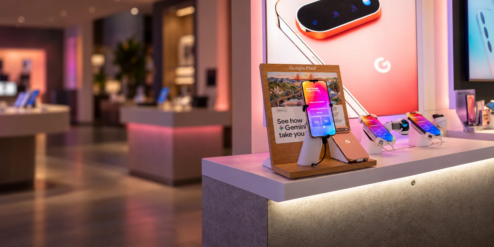 Google Pixel displays and connected smartphones in an O2 store