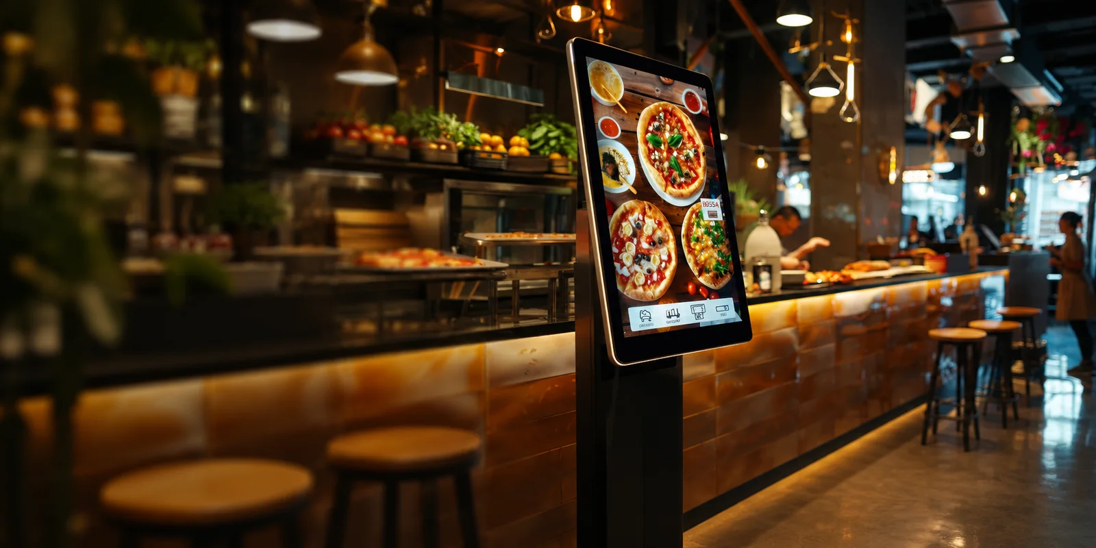 A digital menu display beside a restaurant counter