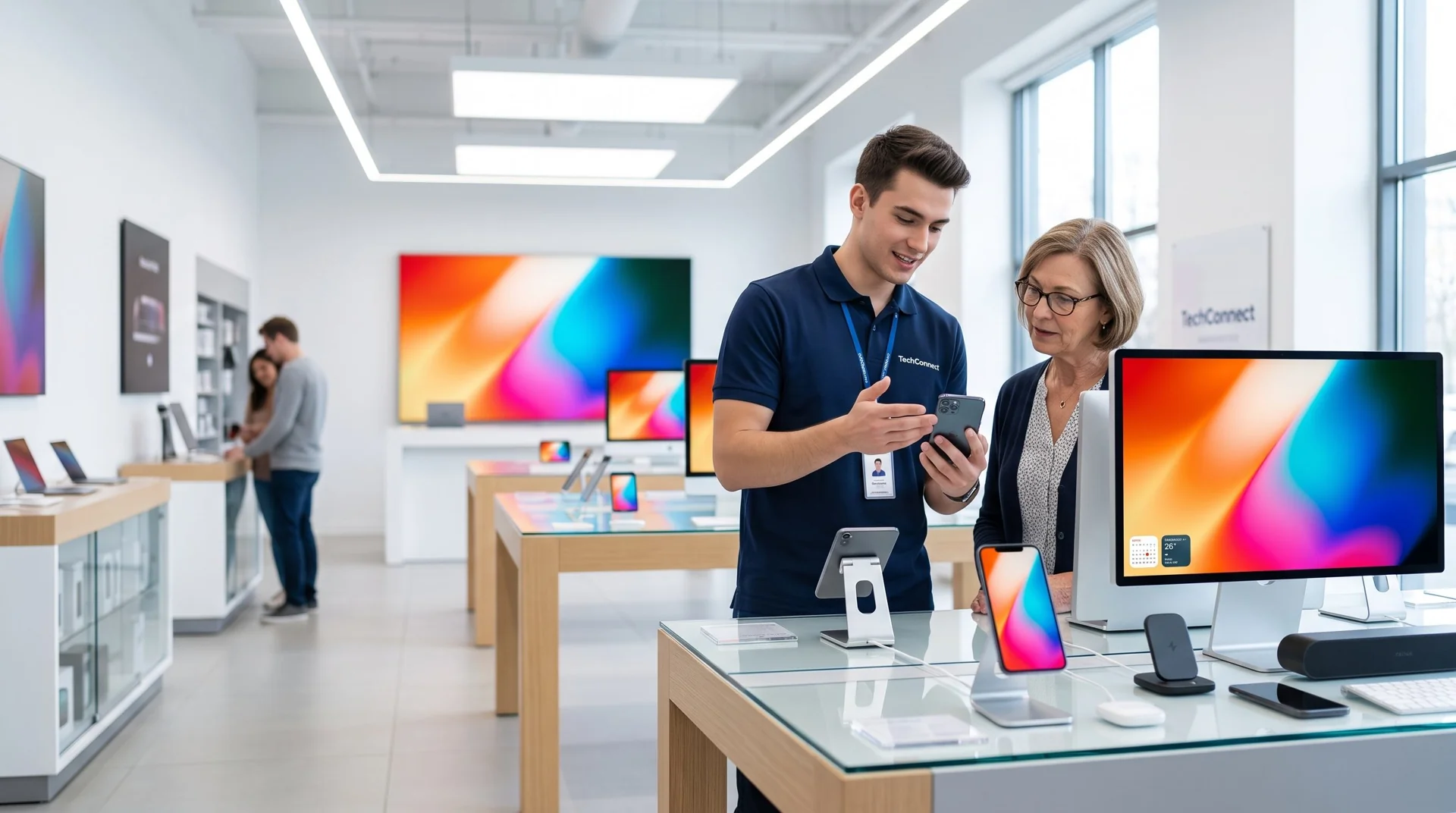 A retail colleague guiding a customer through product options