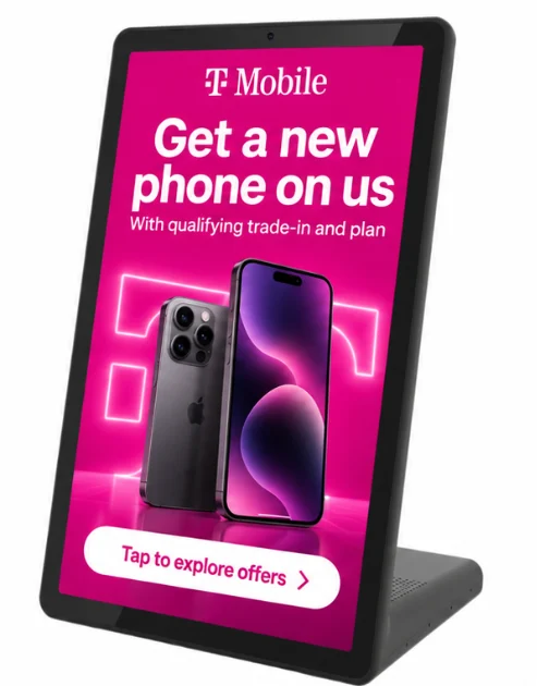 A freestanding point of sale screen displaying a T-Mobile promotion