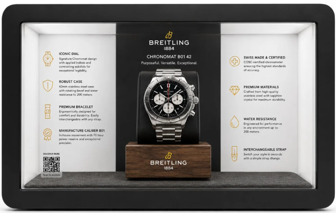 A transparent display presenting a watch with surrounding product information