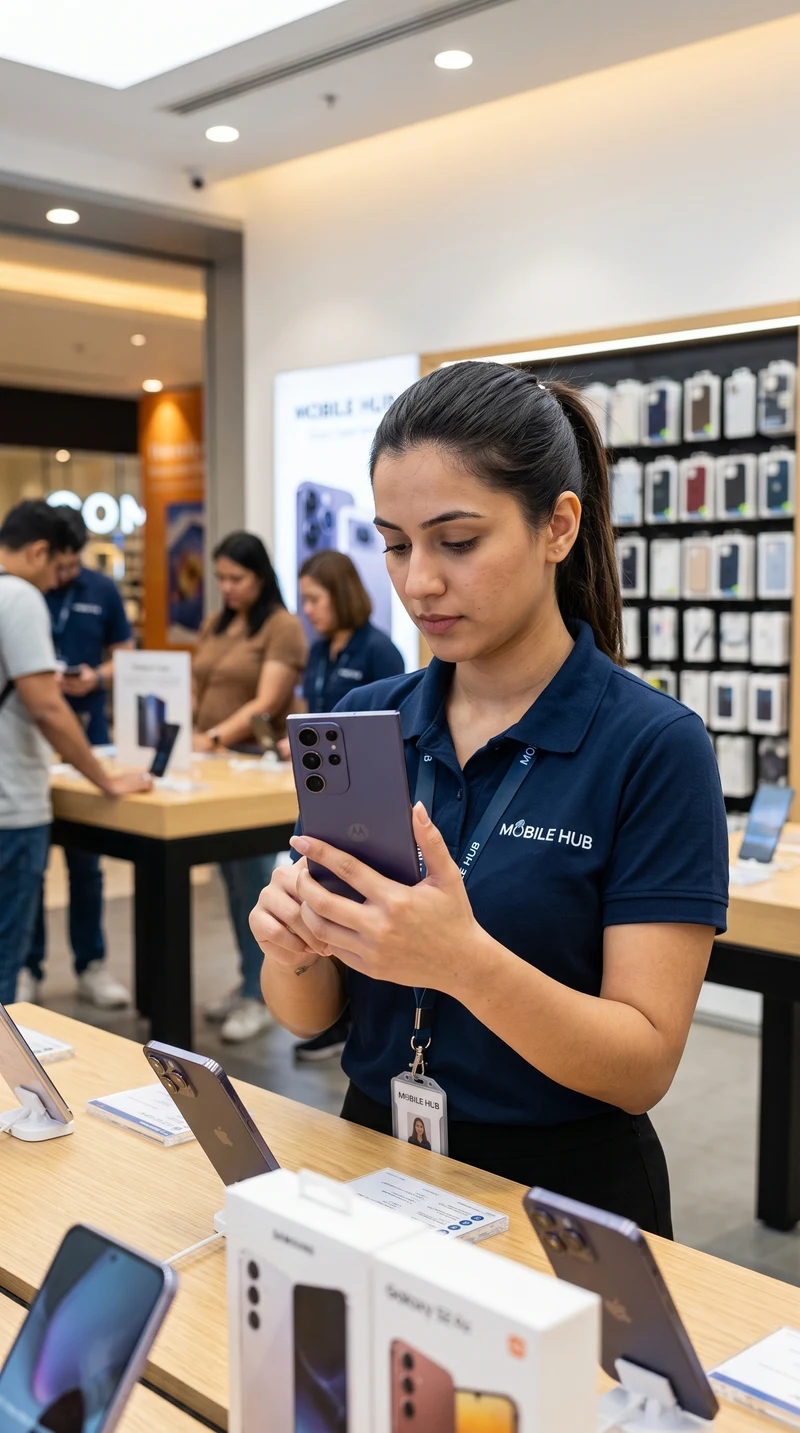 A store colleague checking a device on the shop floor