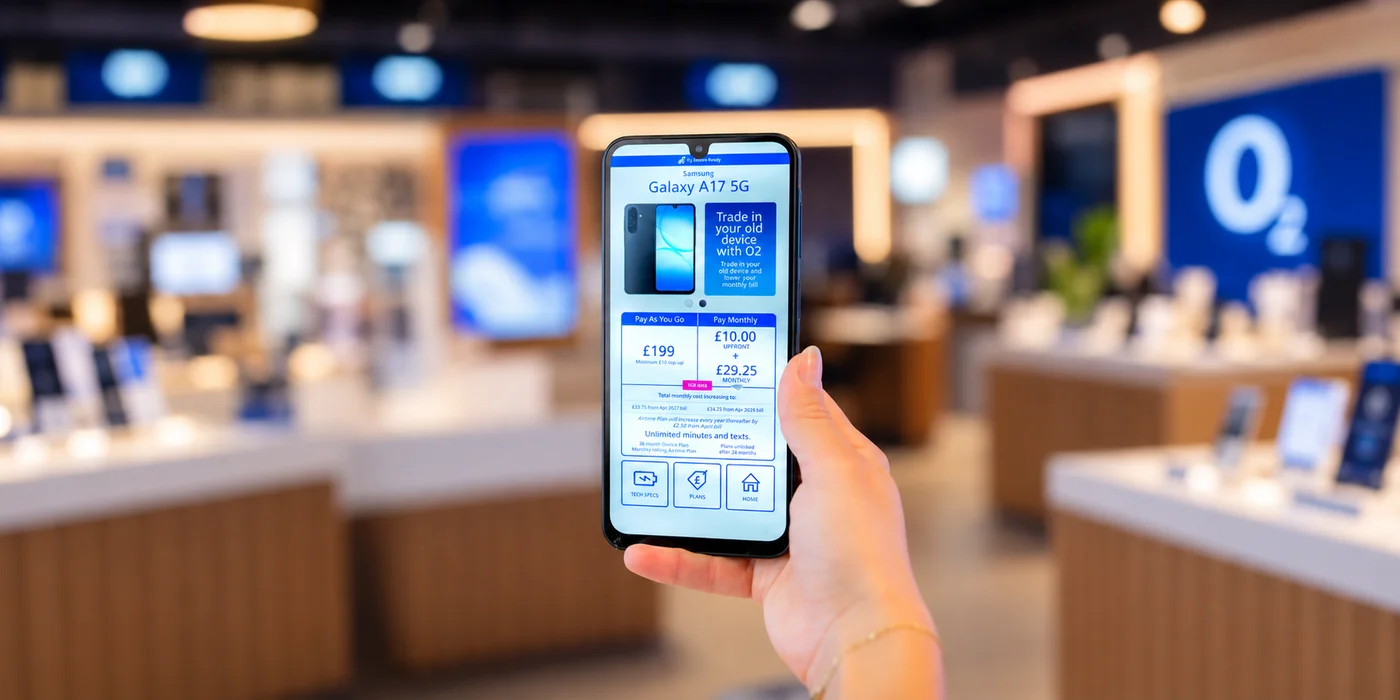 A hand-held Samsung phone showing product information and pricing