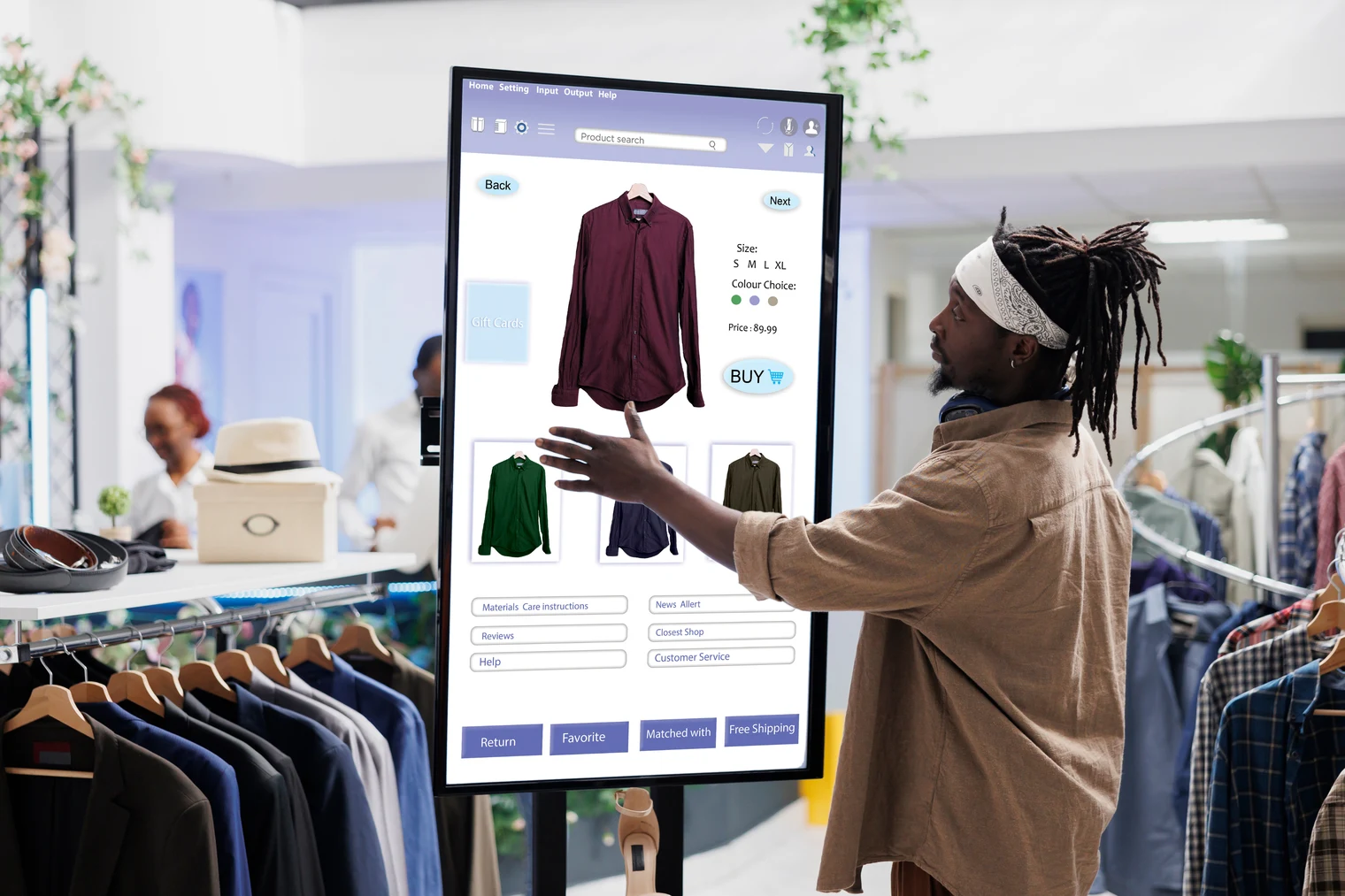 A shopper browsing product content on an in-store touchscreen