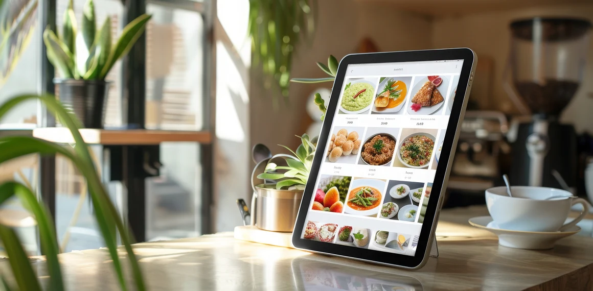 A digital menu on a tablet in a café