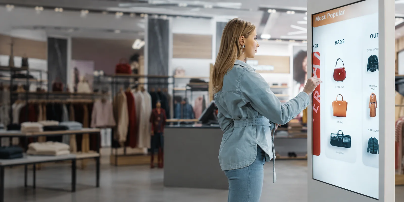 A shopper using an interactive display in a fashion store